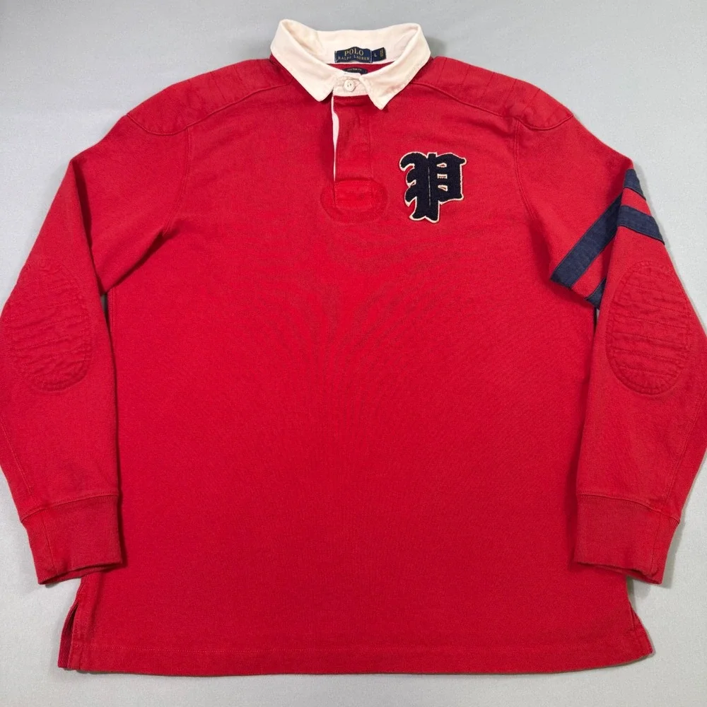 Polo Ralph Lauren Rugby Shirt Mens Large Red Custom Fit 67 Patch Long Sleeve